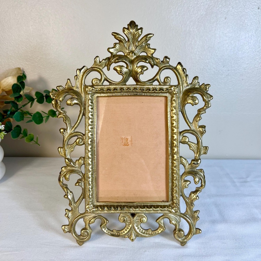 Vintage Rococo Style Heavy Gold Ornate Iron Picture Frame with Glass | 4x6 Photo